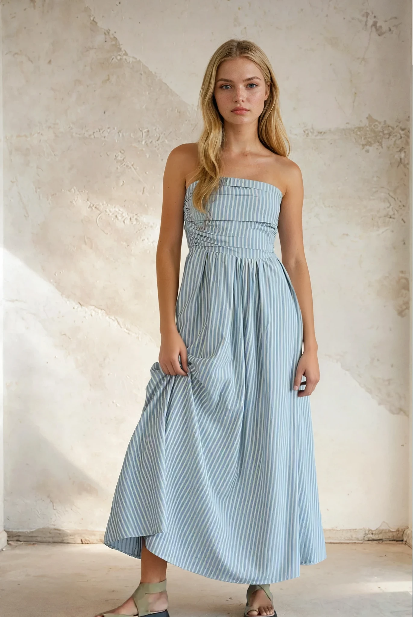 Woman wearing a light blue striped dress against a textured wall.