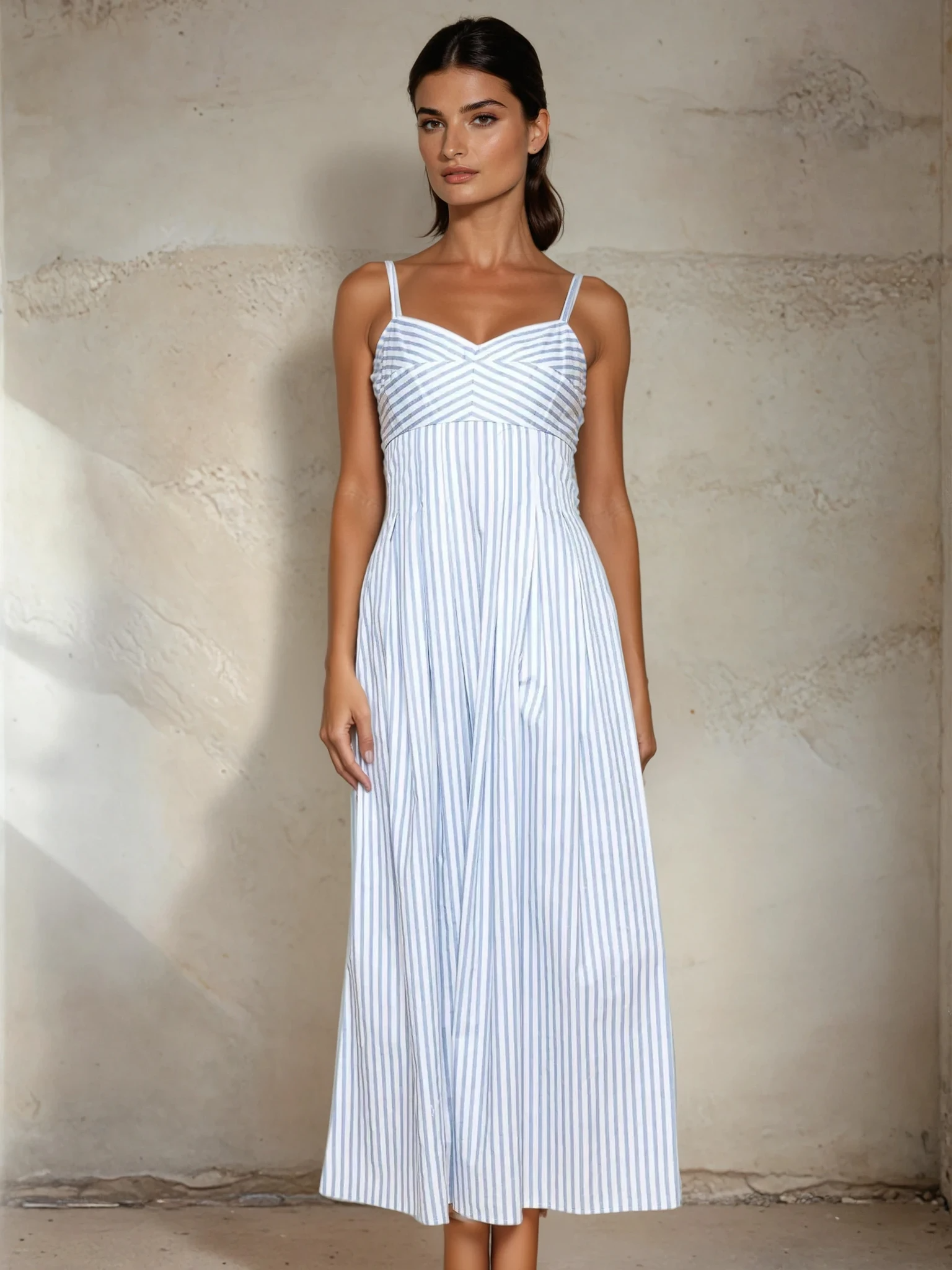 Woman wearing a white dress with thin blue stripes against a neutral background