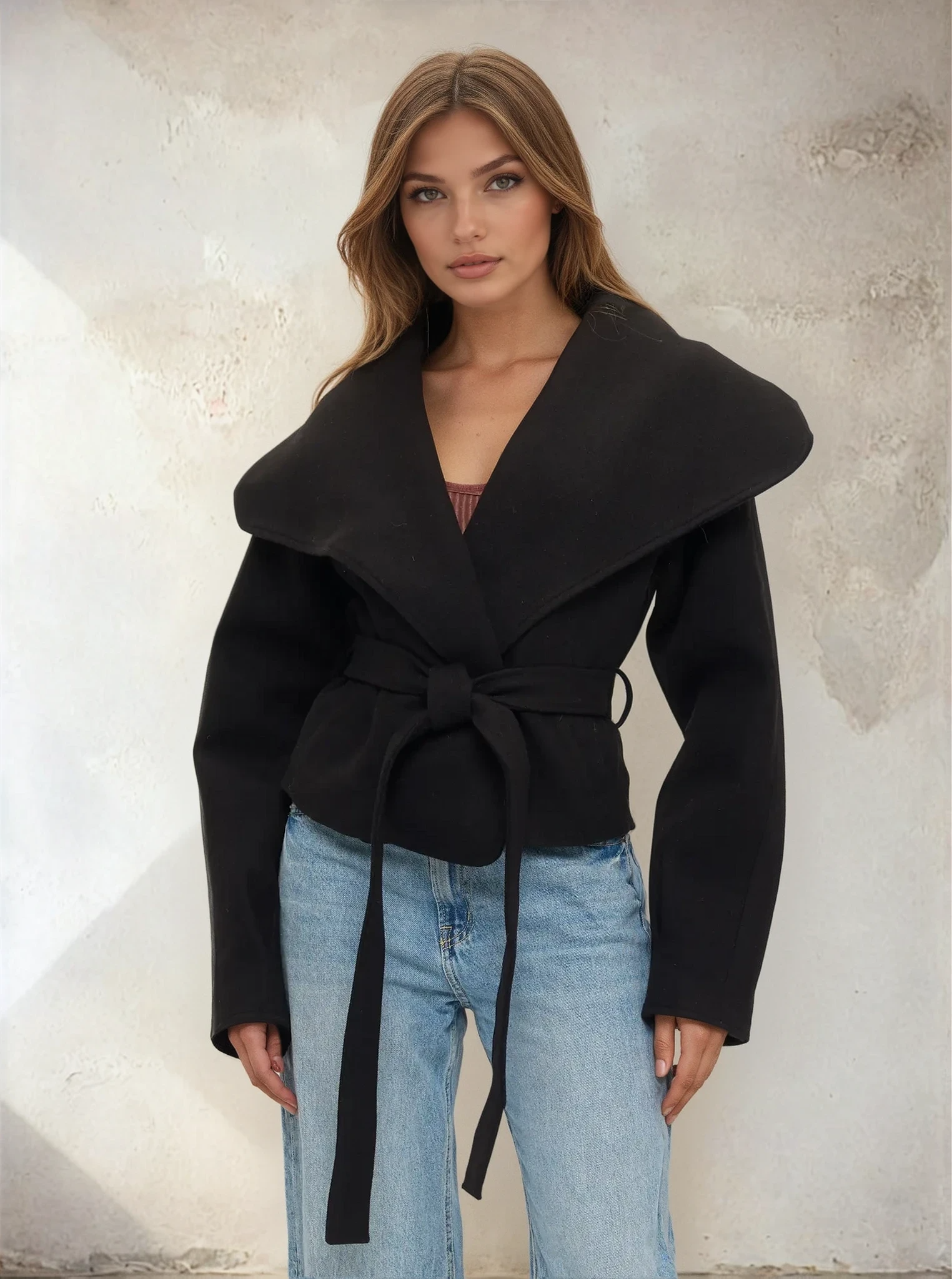 Woman wearing a black coat with a belt against a textured wall.