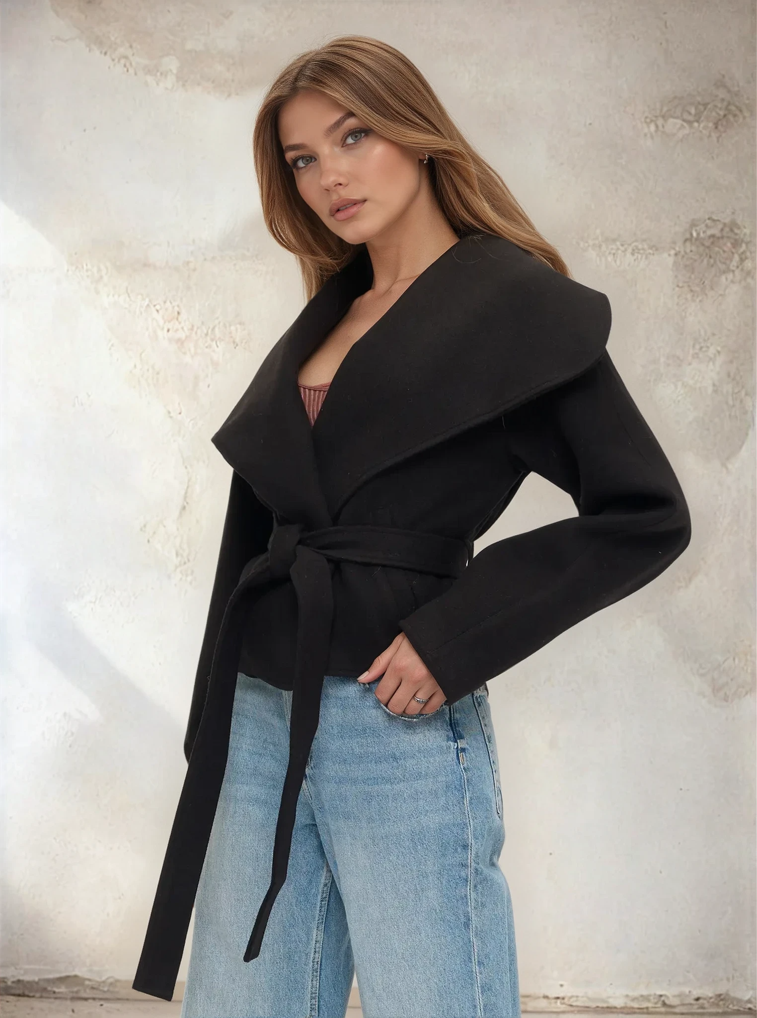 Woman wearing a black coat and blue jeans against a textured wall.