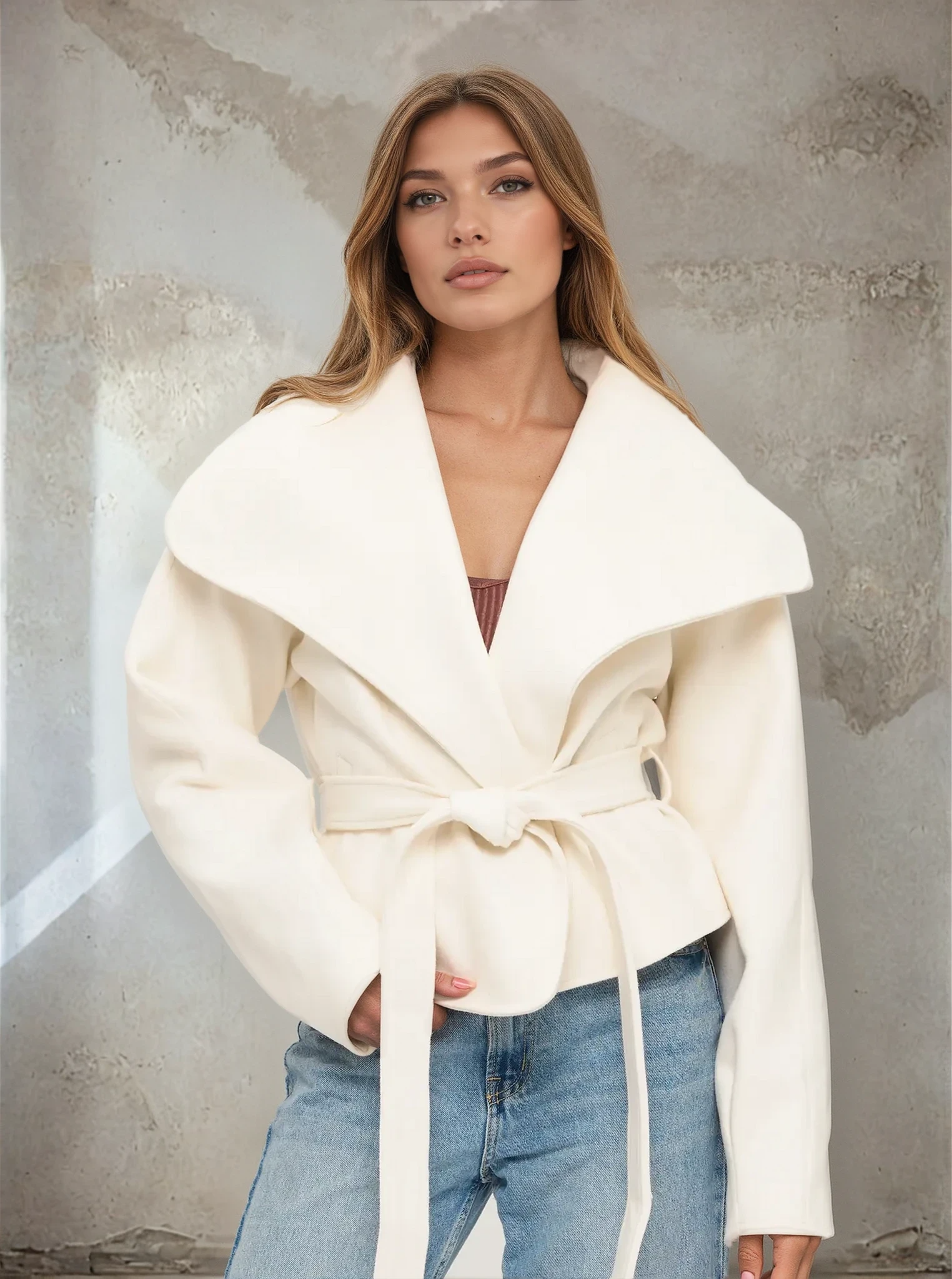 Woman wearing a white coat with a gray textured wall background