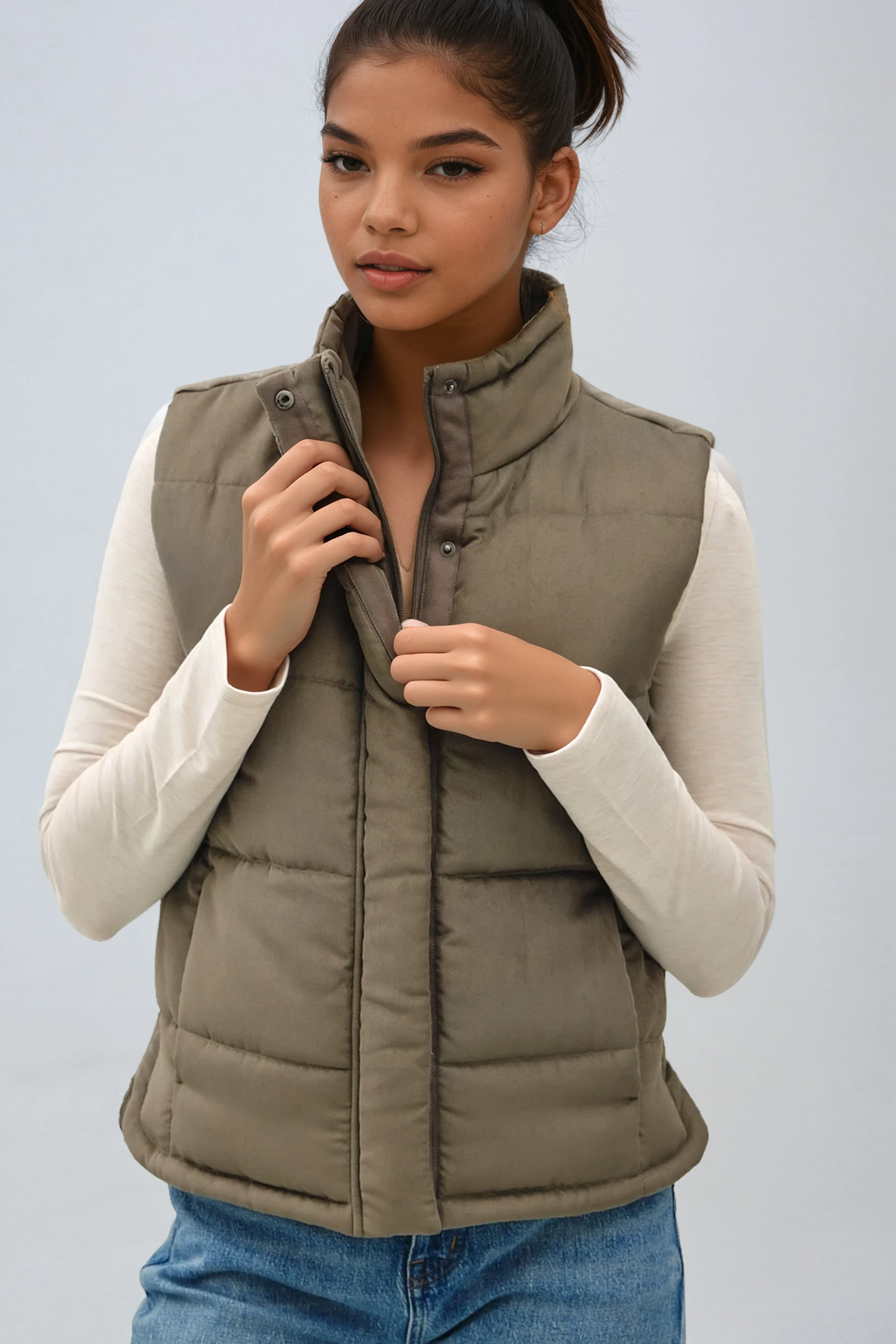 Woman wearing a brown puffer vest over a white shirt with a light gray background