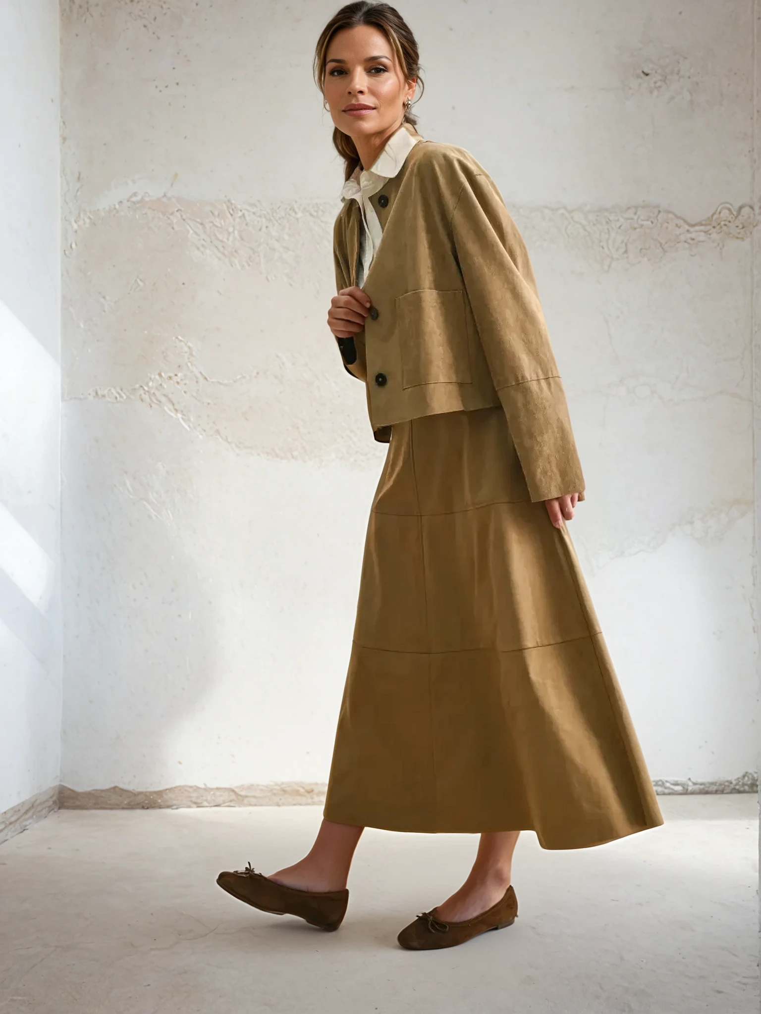 Woman wearing a beige suit standing against a white wall.
