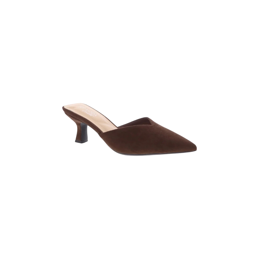 Brown suede slip-on shoe with a low heel on a white background