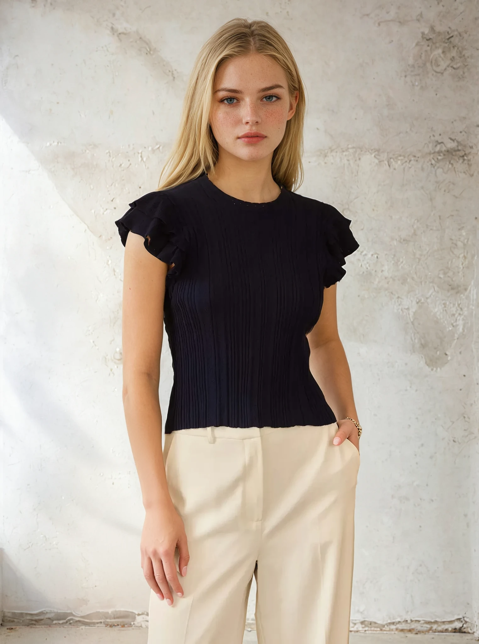 Woman wearing a black ruffled top and beige pants against a textured wall.