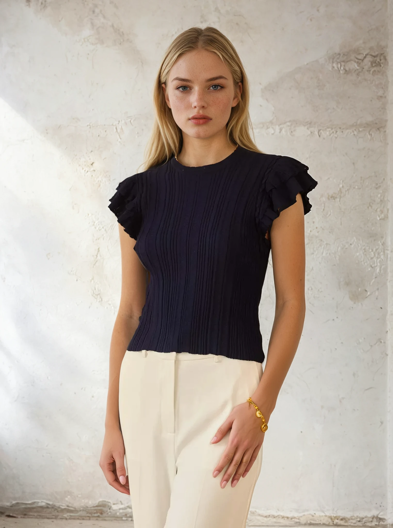 Woman wearing a black ruffled top and white pants against a light background