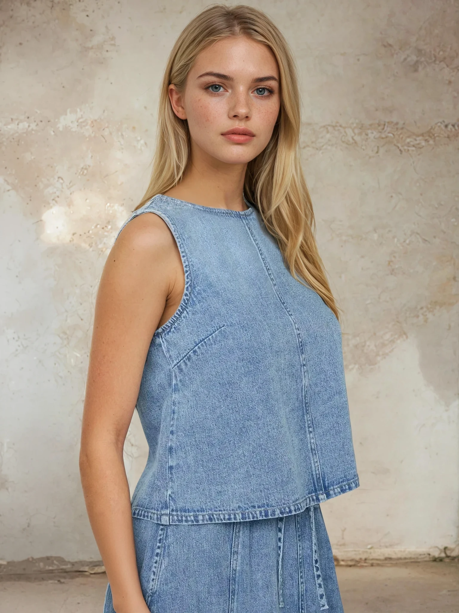 Woman wearing a sleeveless denim top against a textured beige wall