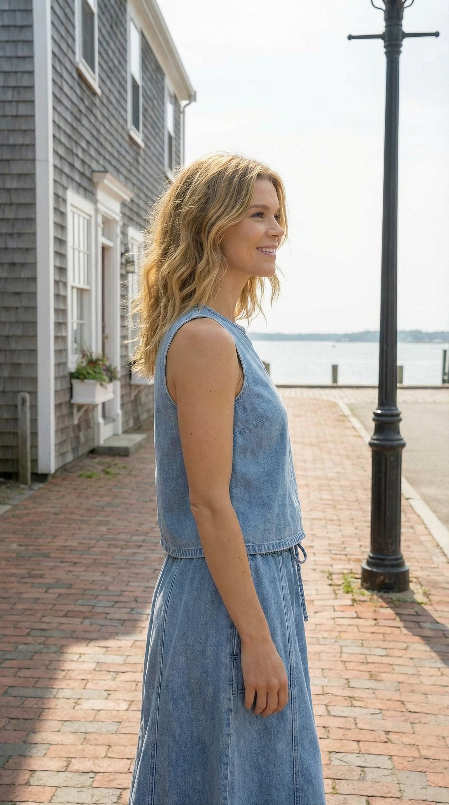 Woman in a denim dress standing on a brick path by a waterfront.