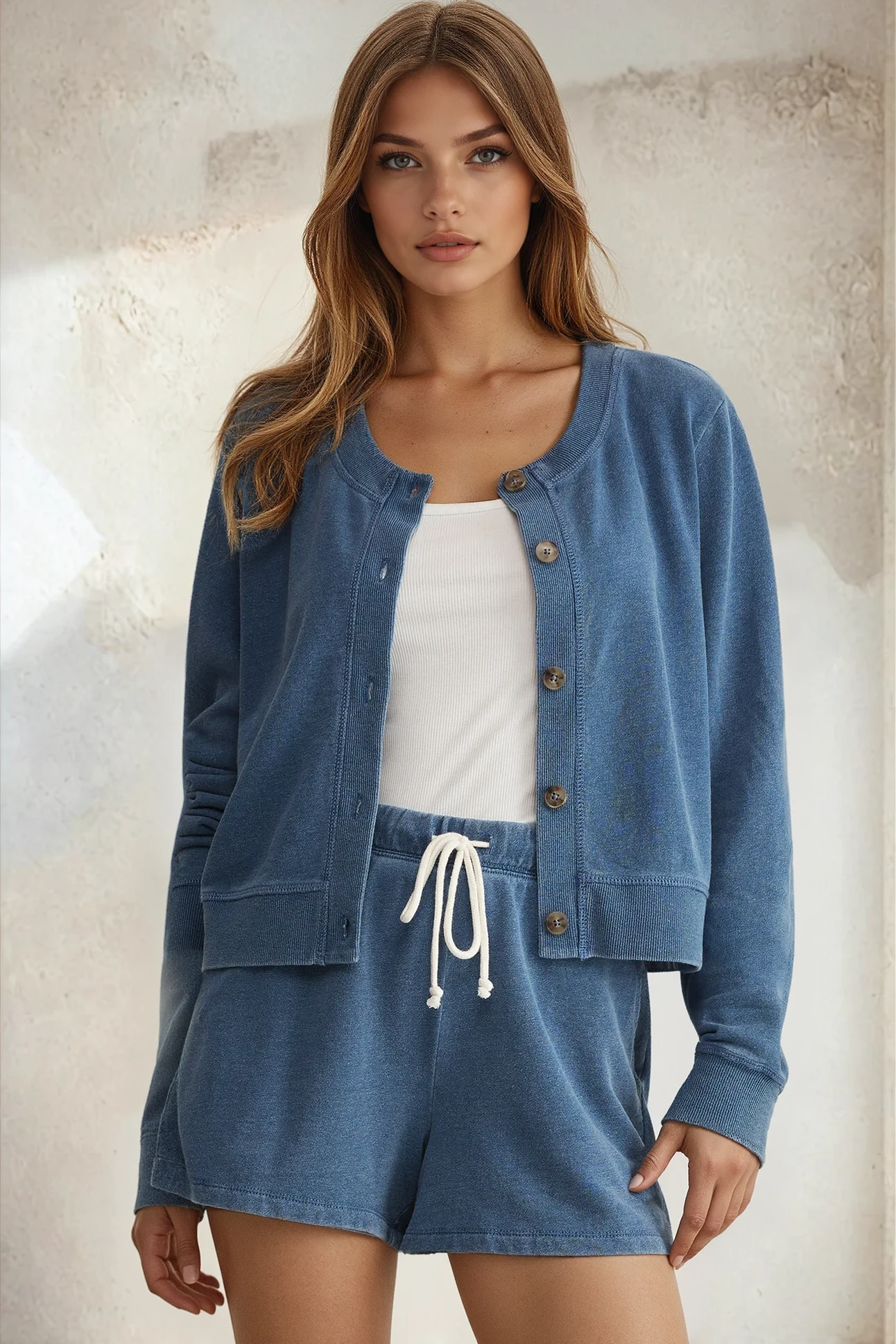 Woman wearing a blue denim cardigan and shorts set against a light background