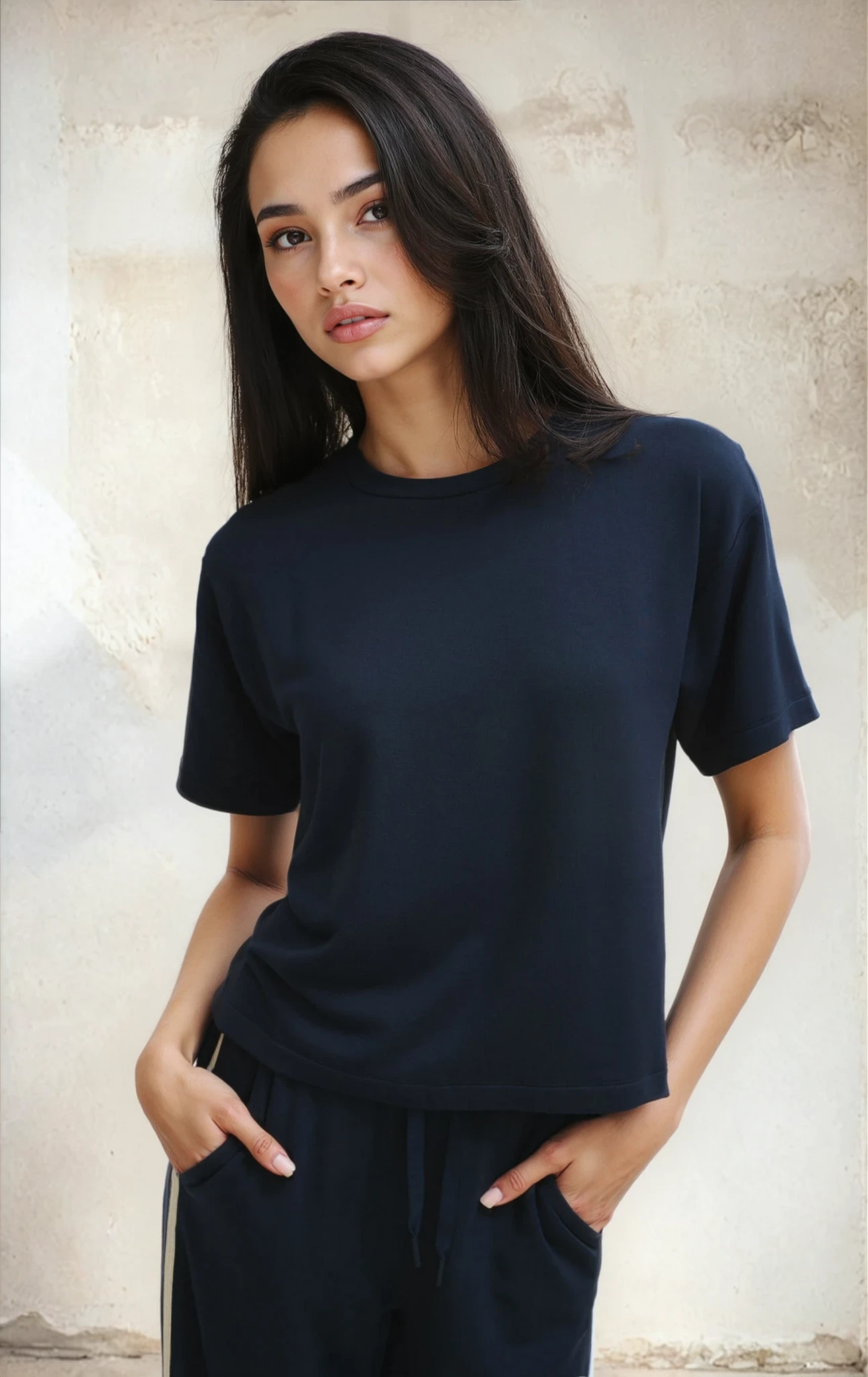 Woman wearing a black t-shirt and dark pants against a neutral background