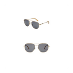 Pair of sunglasses with gold frames and dark lenses on a white background