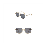 Pair of sunglasses with gold frames and dark lenses on a white background