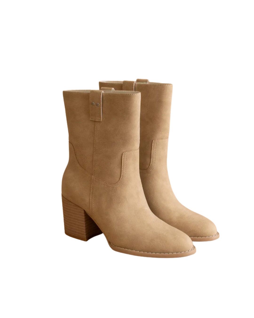 Pair of tan knee-high boots on a white background