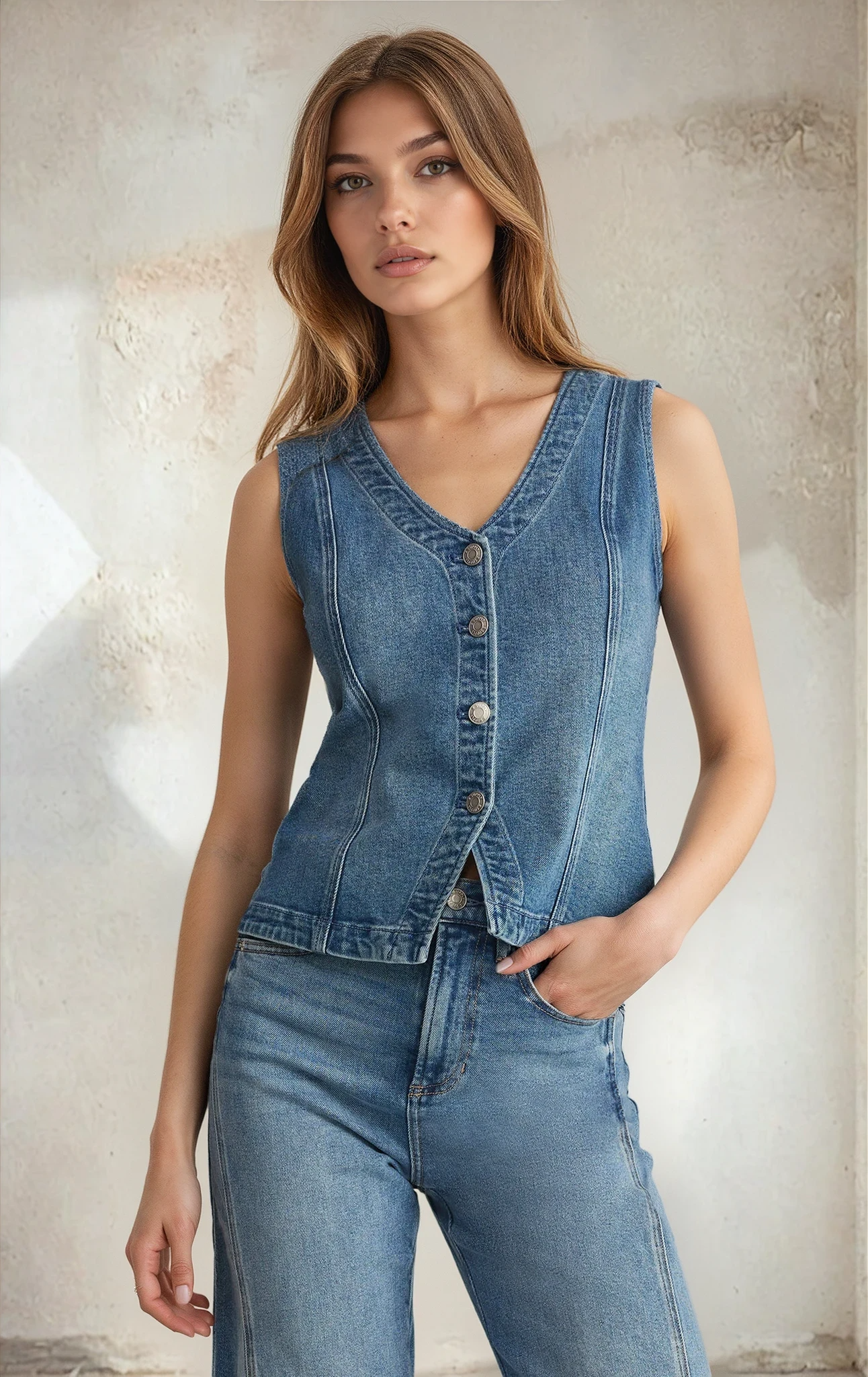 Woman wearing a denim vest and jeans against a neutral background