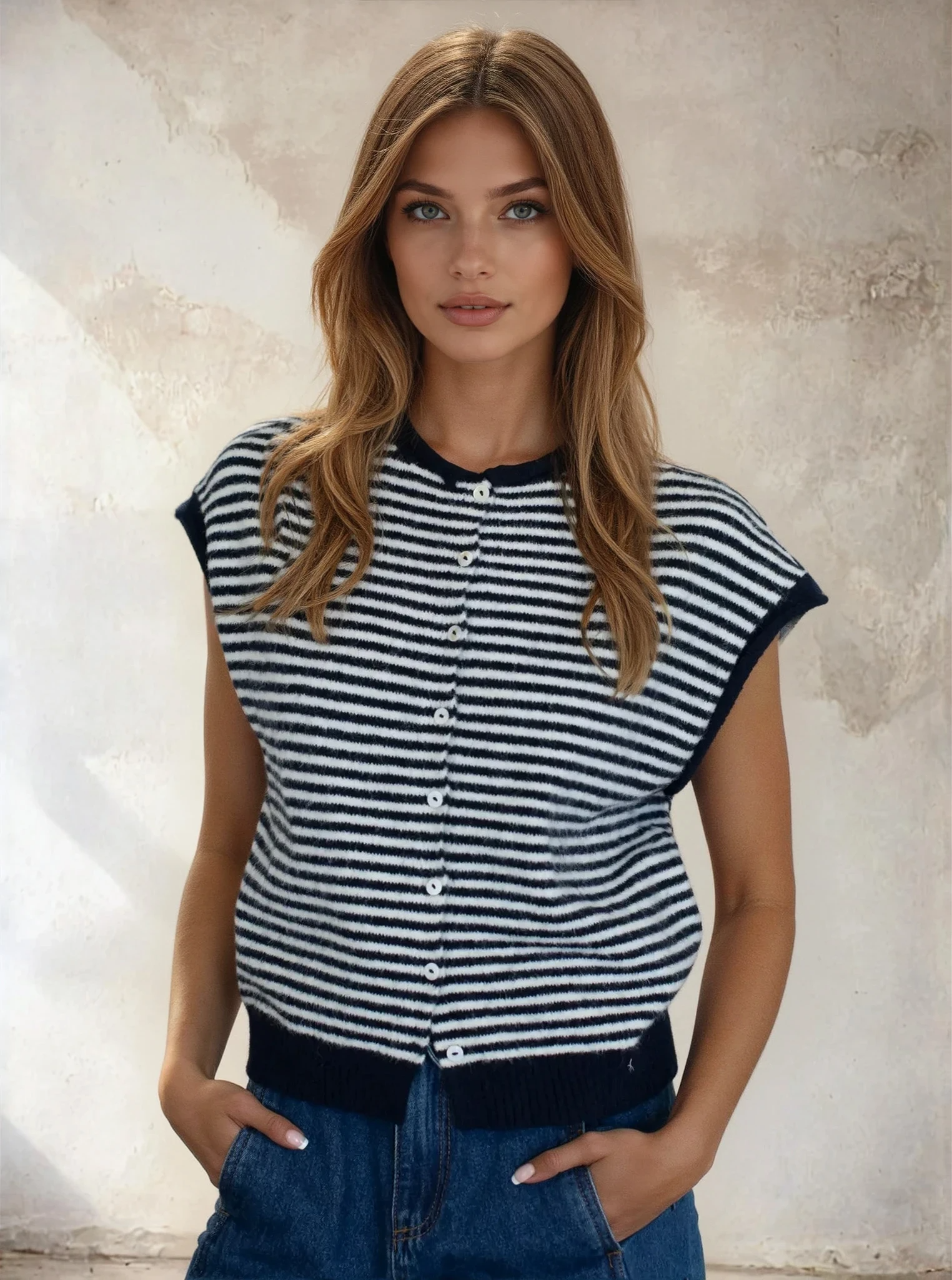 Woman wearing a black and white striped shirt against a textured wall.