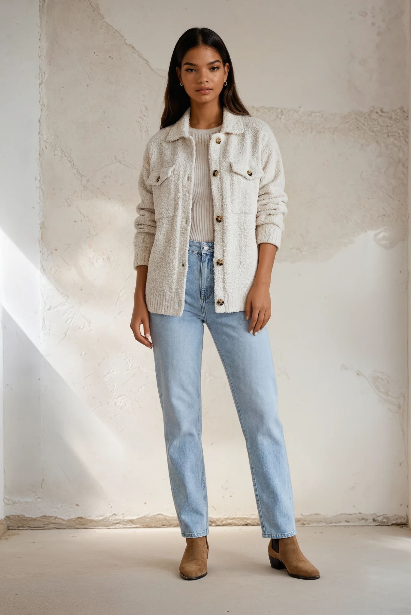 Woman wearing a light denim jacket, white shirt, and light blue jeans against a neutral background