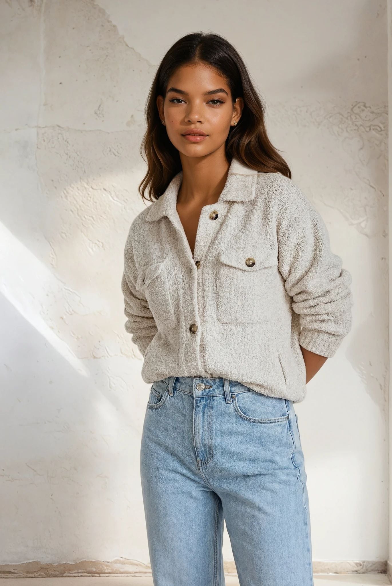 Woman wearing a light gray jacket and blue jeans against a neutral background