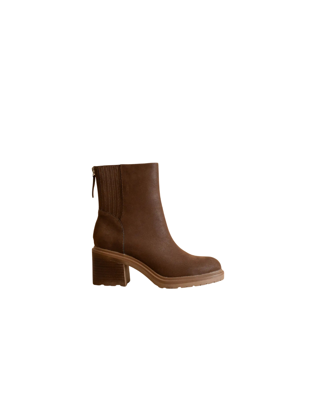 Brown ankle boot with a block heel on a white background