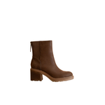 Brown ankle boot with a block heel on a white background