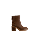 Brown ankle boot with a block heel on a white background