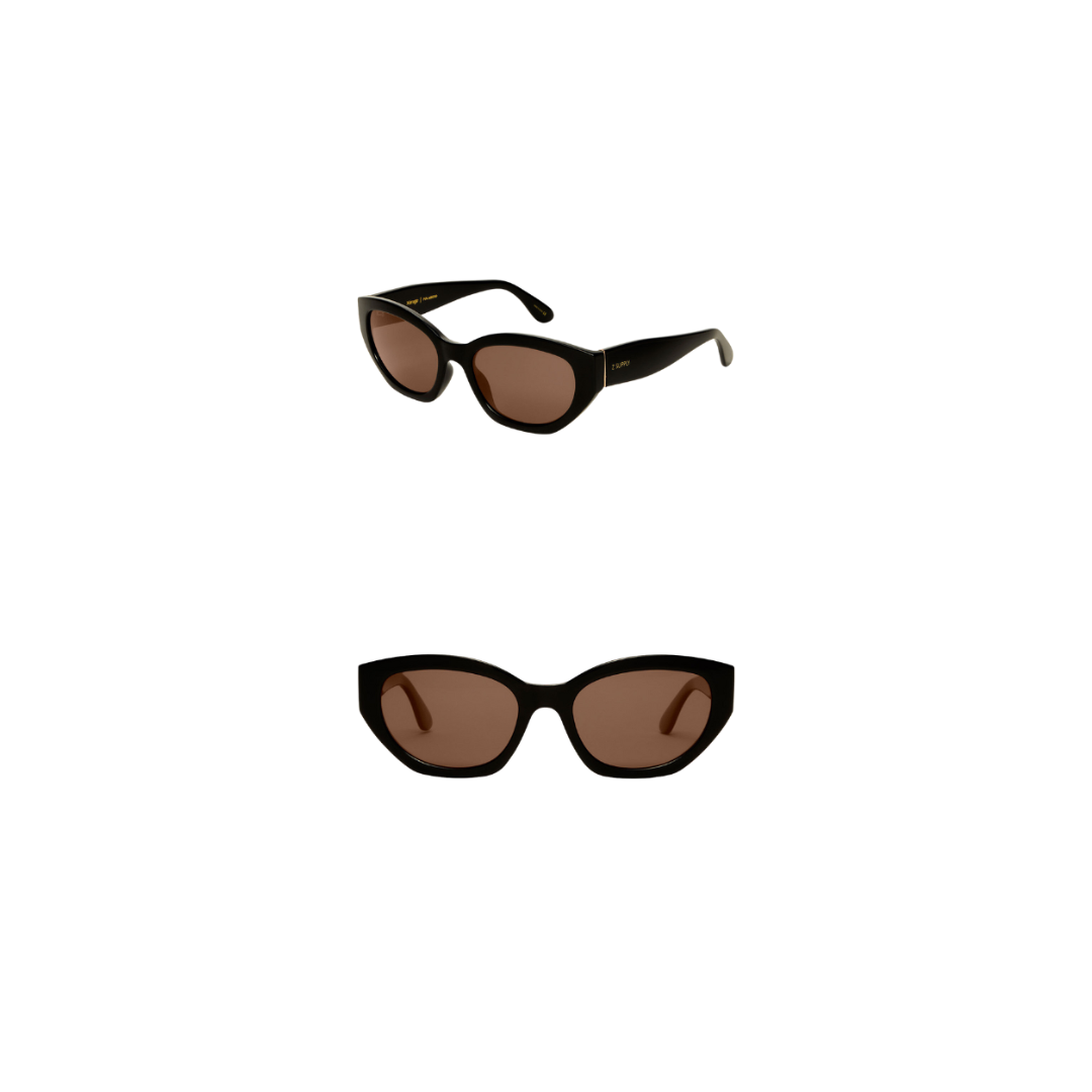Pair of black sunglasses with brown lenses on a white background