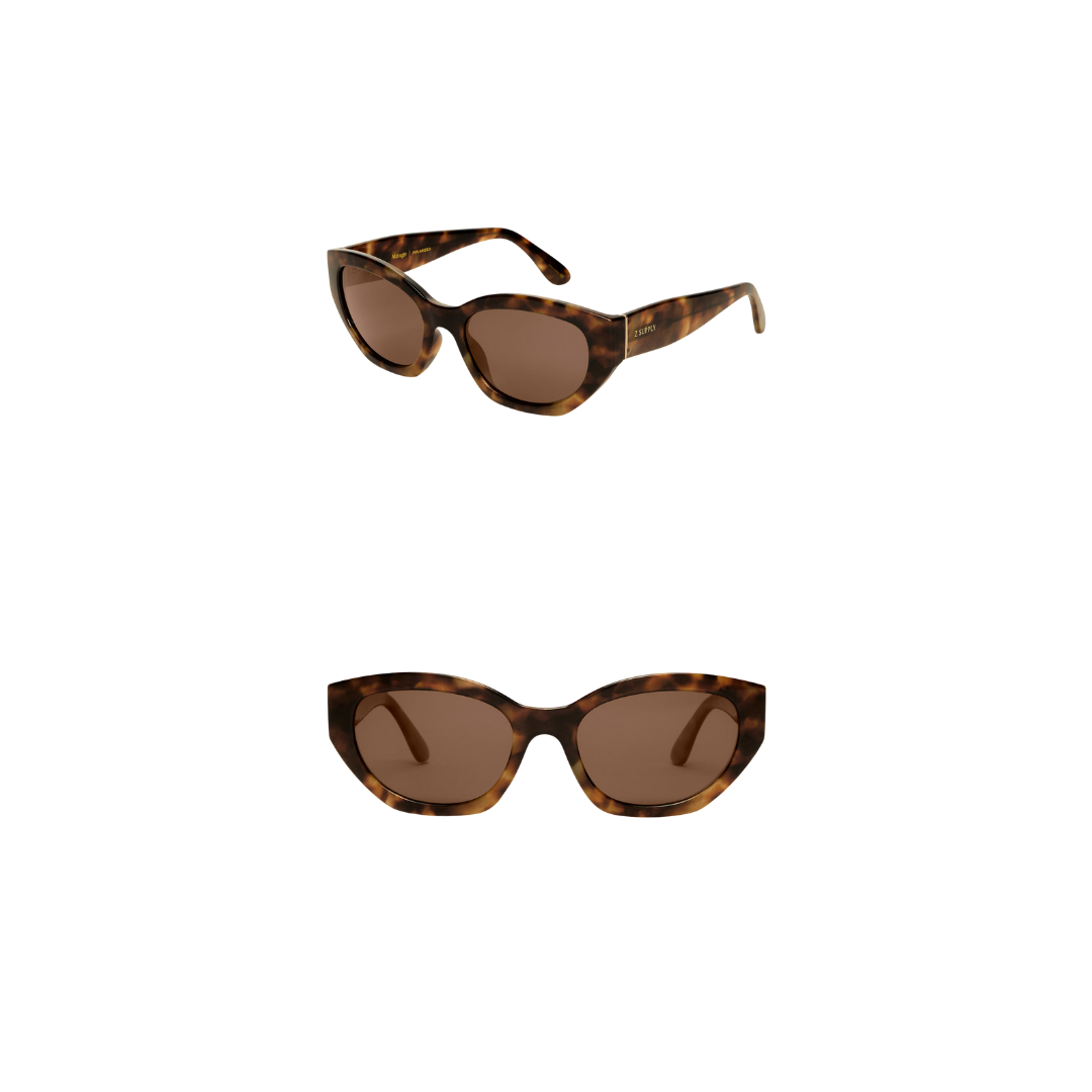 Pair of tortoiseshell sunglasses with brown lenses on a white background