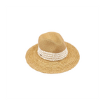 Beige straw hat with a white band on a white background