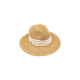 Beige straw hat with a white band on a white background