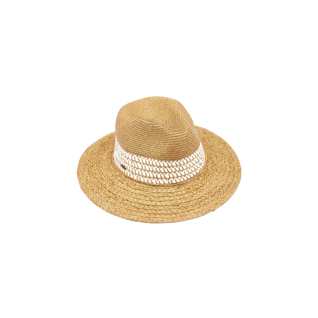 Beige straw hat with a white band on a white background