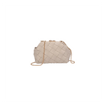 Beige woven handbag with a chain strap on a white background