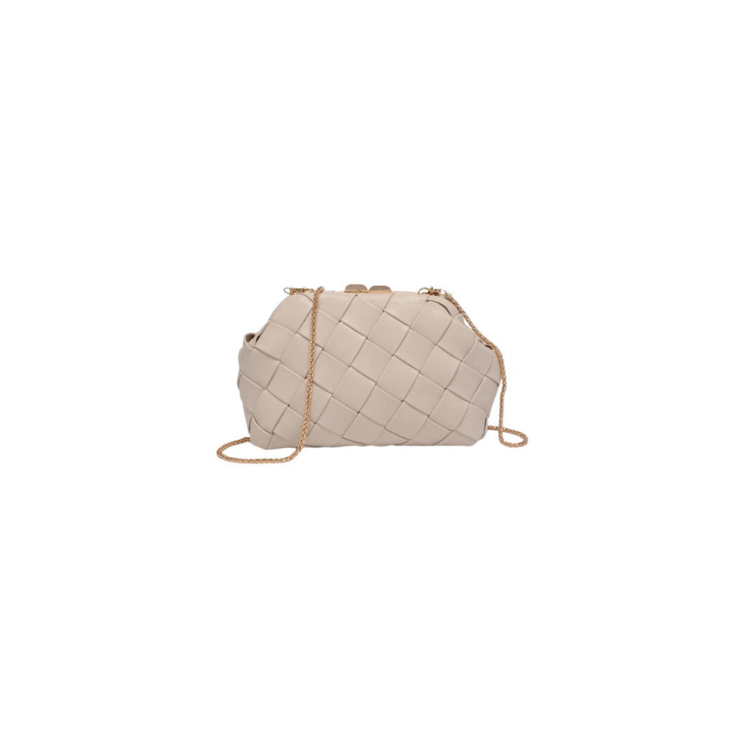 Beige woven handbag with a chain strap on a white background