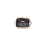 Gold clutch bag with a black interior on a white background