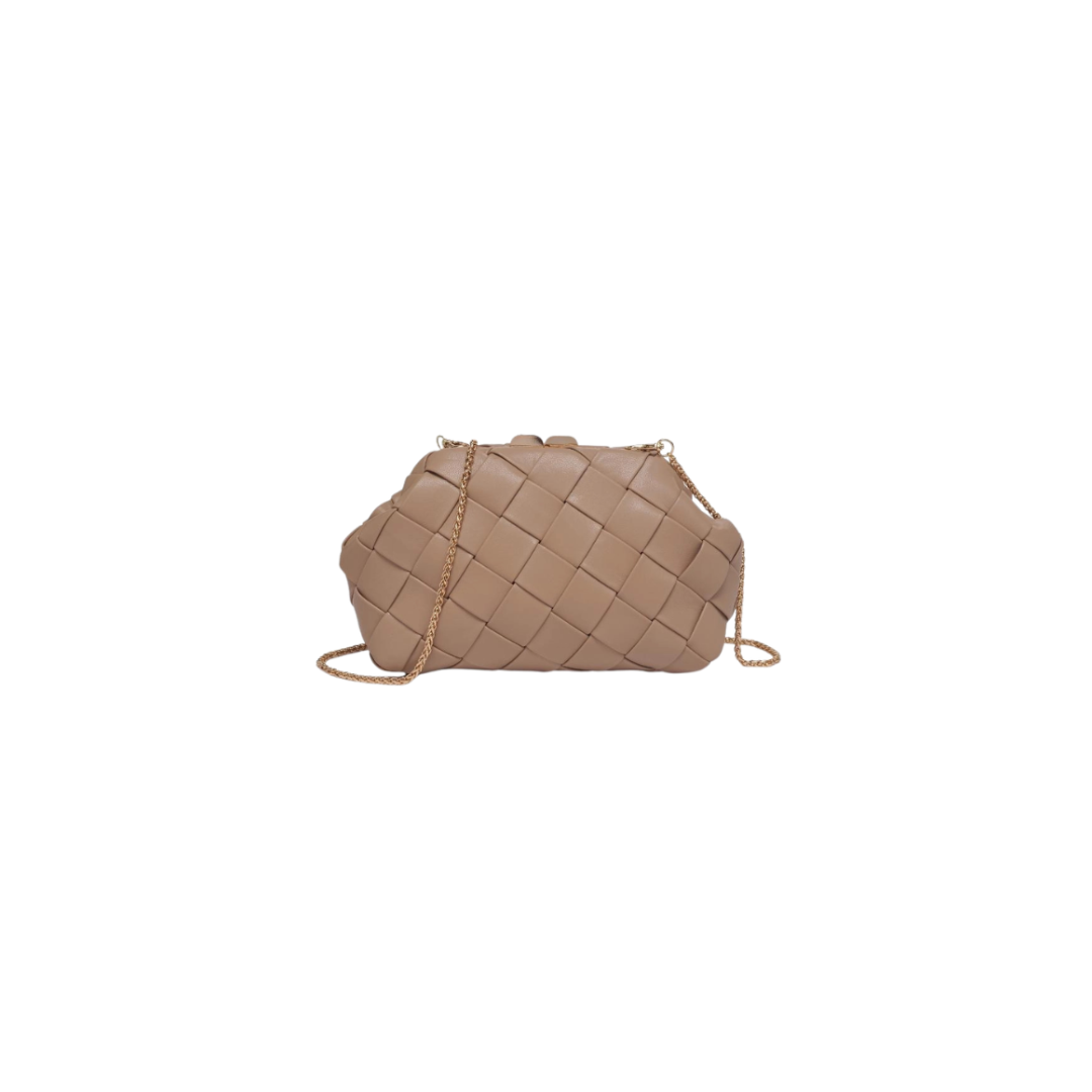 Beige woven handbag on a white background
