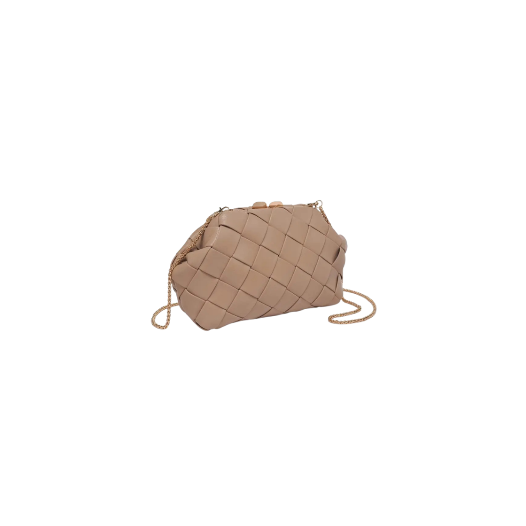 Beige woven handbag on a white background