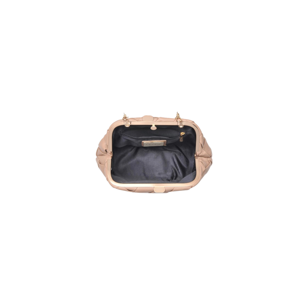 Beige handbag with a black interior on a white background