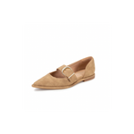 Tan flat shoe with a gold buckle on a white background