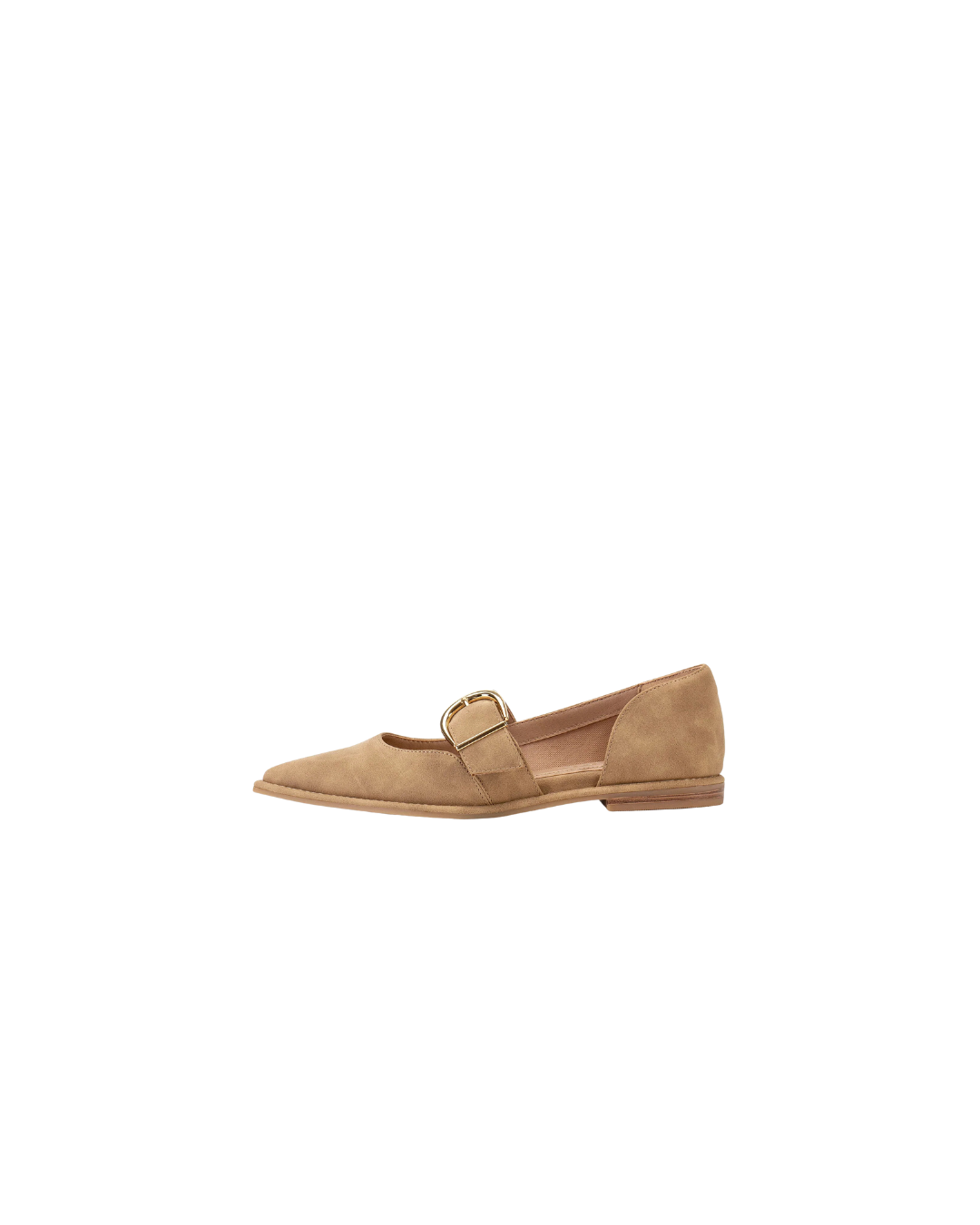 Tan flat shoe with a strap on a white background