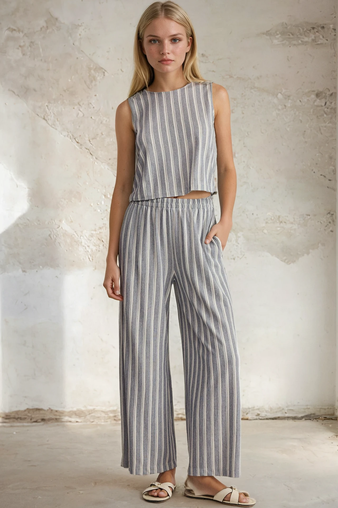 Woman wearing a gray and white striped outfit against a textured wall.