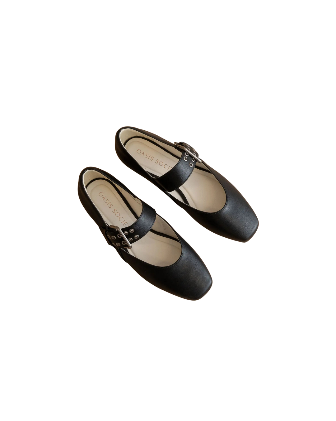 Pair of black shoes with a strap on a white background