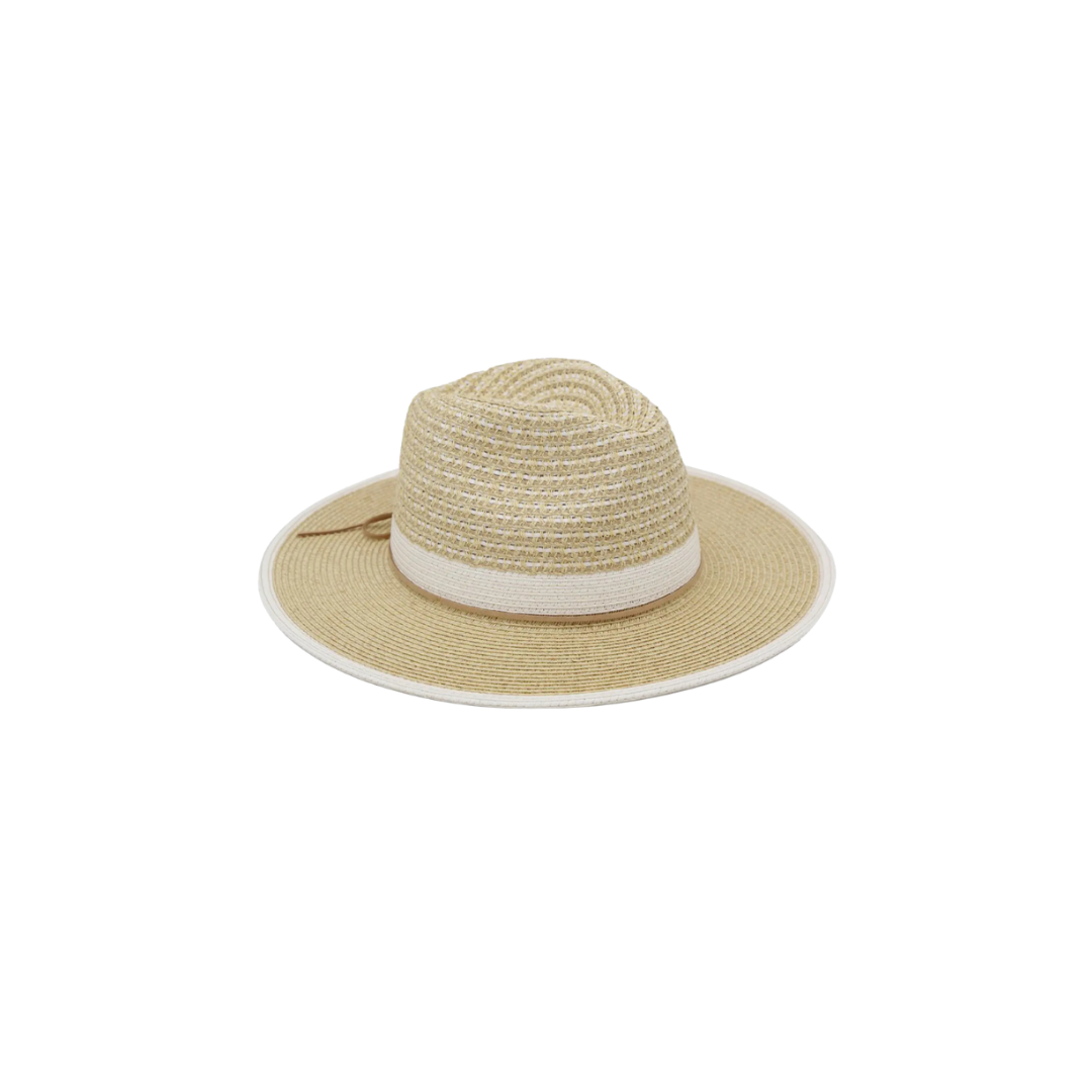 Beige straw hat with a white band on a white background