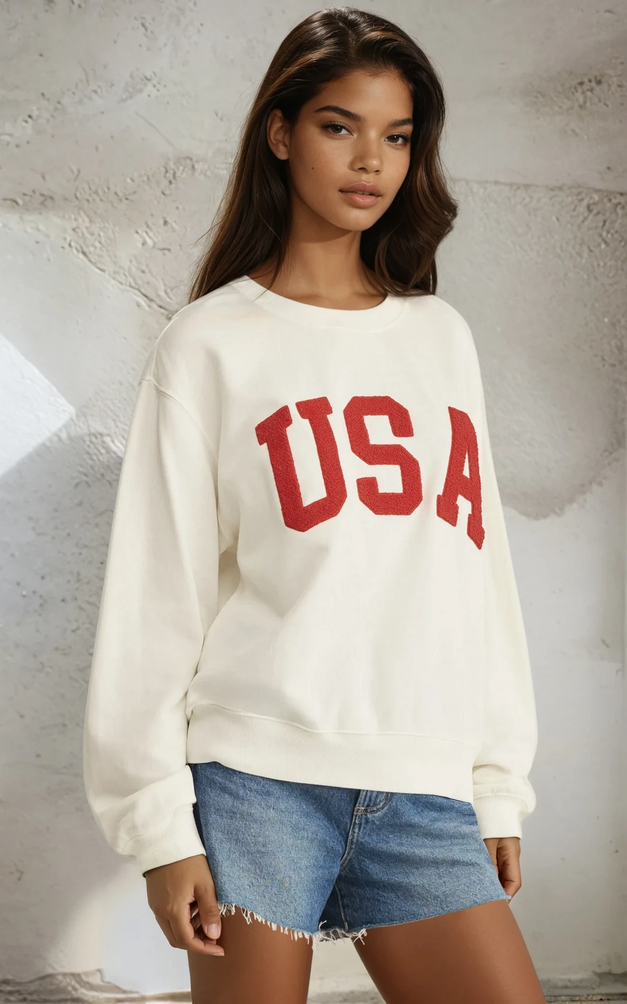 Person wearing a white sweatshirt with 'USA' in red text and denim shorts against a textured wall.