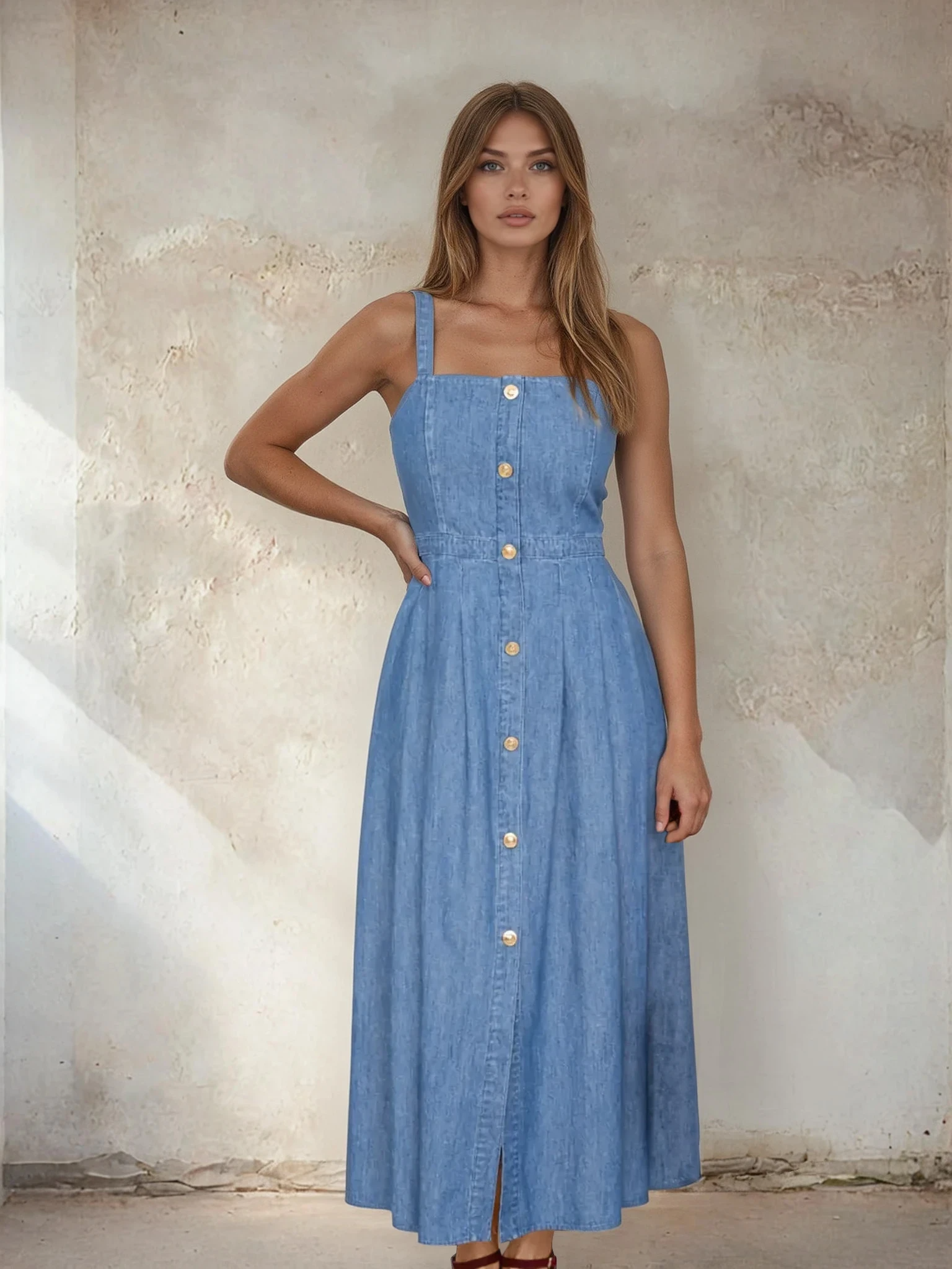 Woman wearing a blue denim dress against a textured wall.