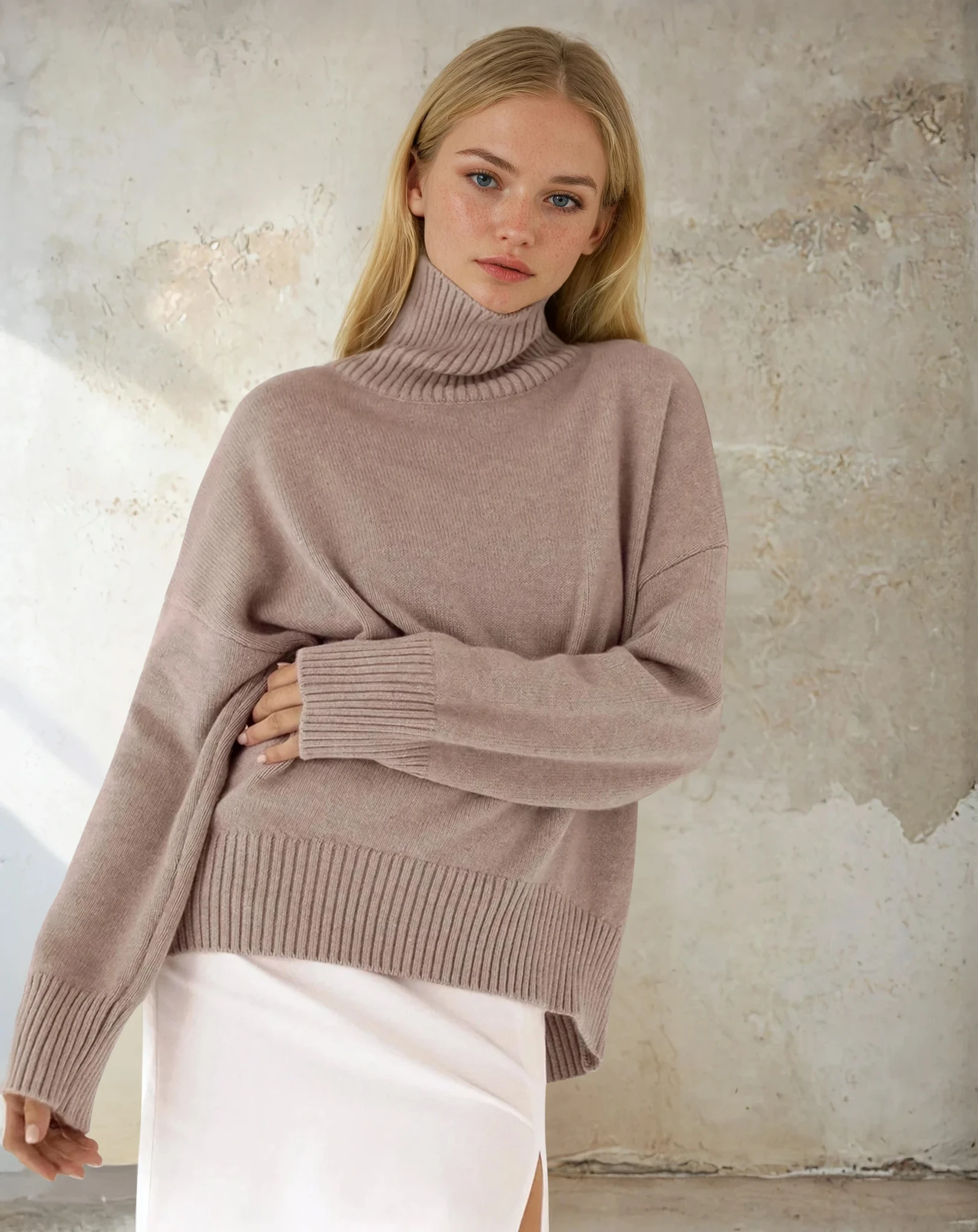 Woman wearing a beige turtleneck sweater against a textured wall.