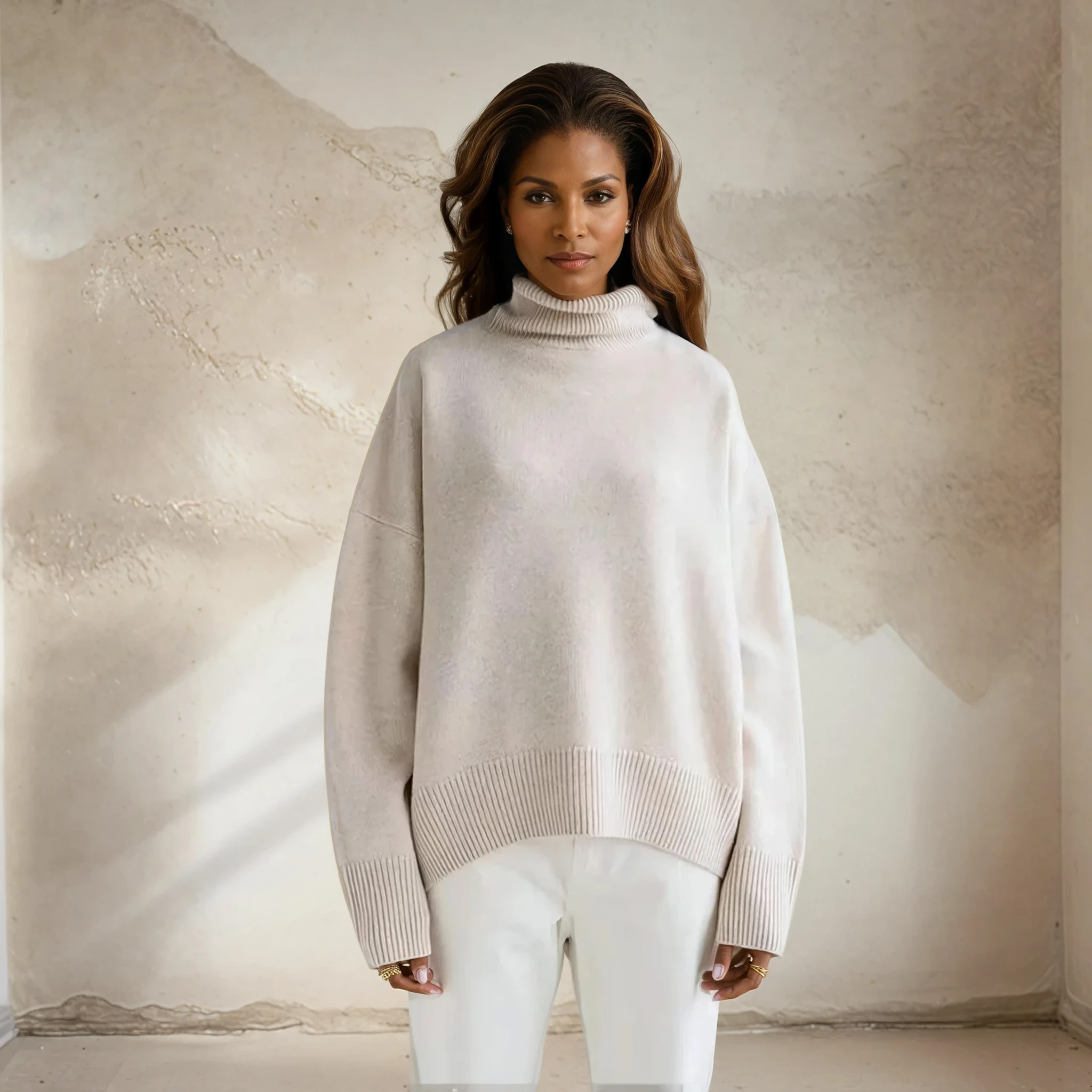 Woman wearing a beige turtleneck sweater and white pants against a neutral background