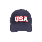 Navy blue cap with 'USA' in red and white on a white background