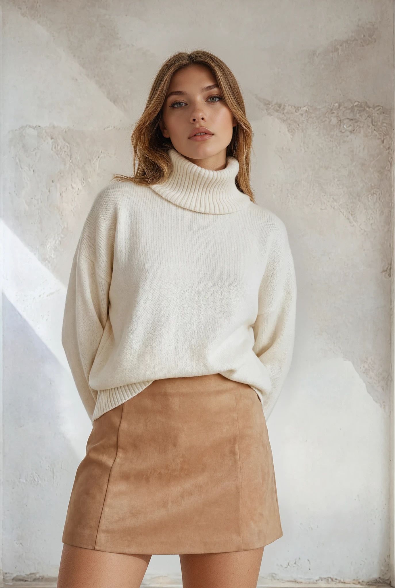 Woman wearing a white sweater and beige skirt against a textured wall.