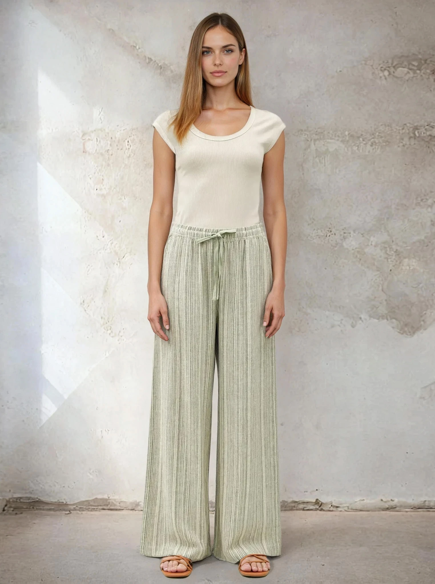 Woman wearing a white top and light green pants against a textured wall.