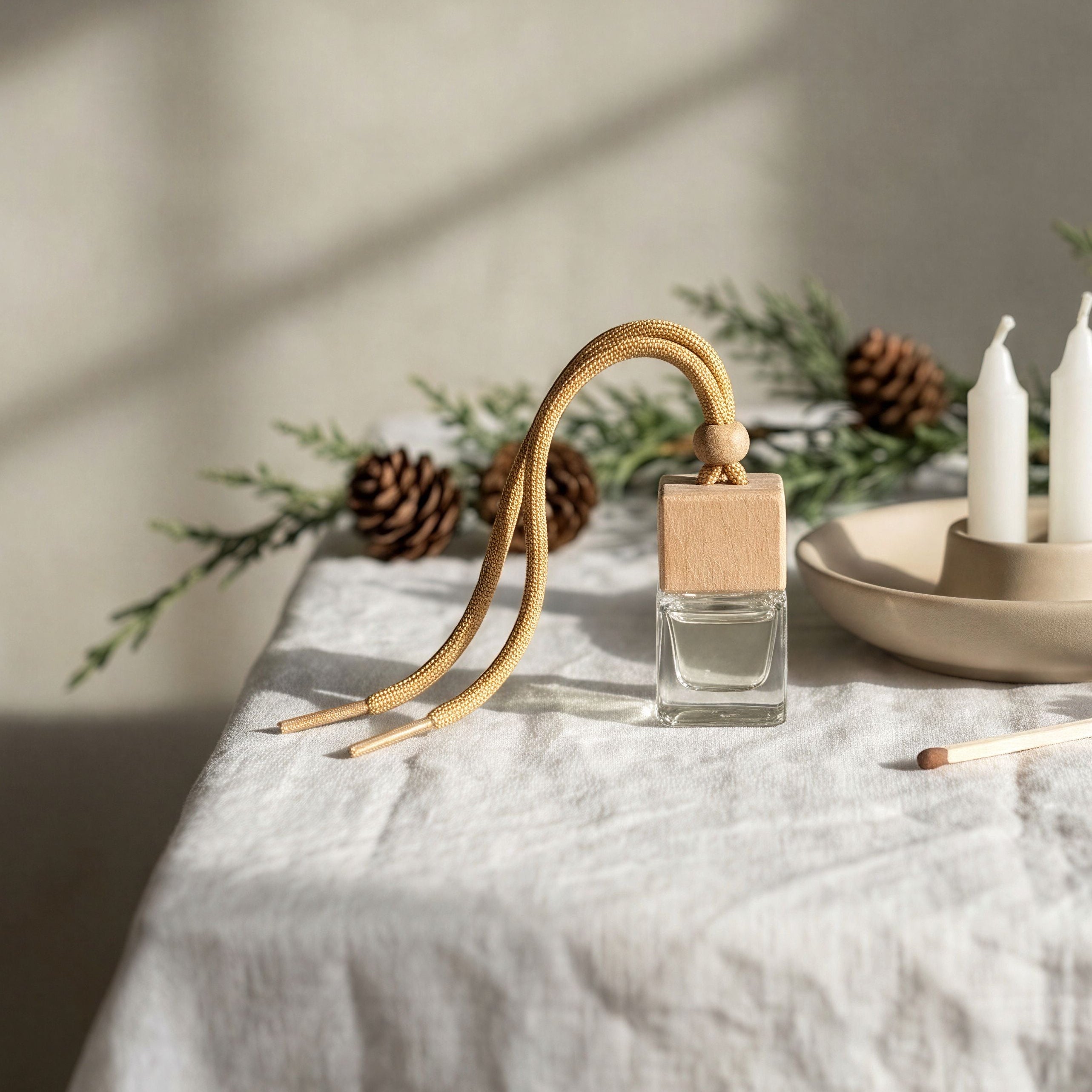 Table setting with candles, pinecones, and a lamp on a neutral background
