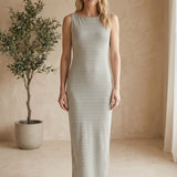 Striped sleeveless boat neck midi dress by Active Basic, featuring a relaxed fit and rayon blend fabric, perfect for casual wear.