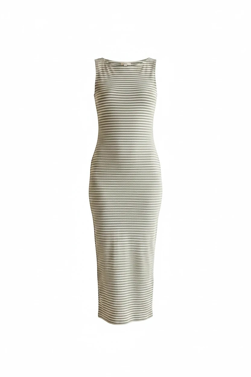 Green and white striped sleeveless boat neck midi dress by Active Basic, featuring a fitted waist and flowing skirt.